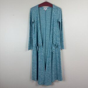 Lularoe Sarah Duster Open Front Cardigan Long Sleeve Ribbed Aqua Blue White XS